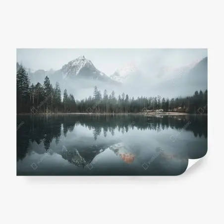 Wall mural misty alpine reflection over tranquil lake • Wallissimo®