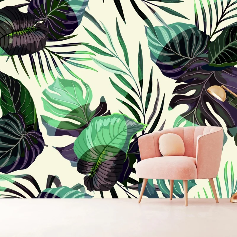Wall mural tropical leaf pattern in green tones