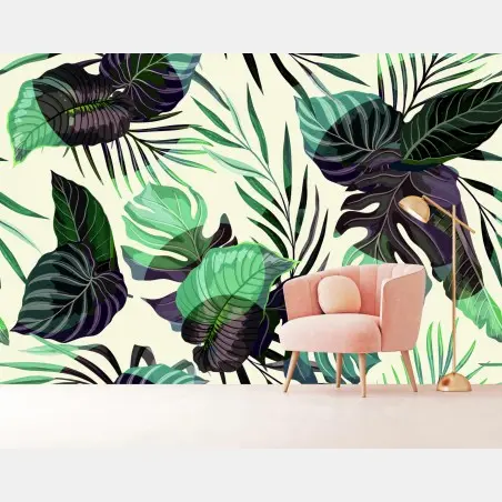 Wall mural tropical leaf pattern in green tones • Wallissimo®