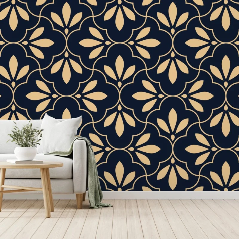 Wall mural navy and beige ornamental pattern