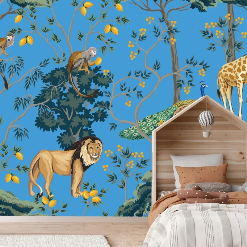 Wall mural exotic jungle animal pattern on blue