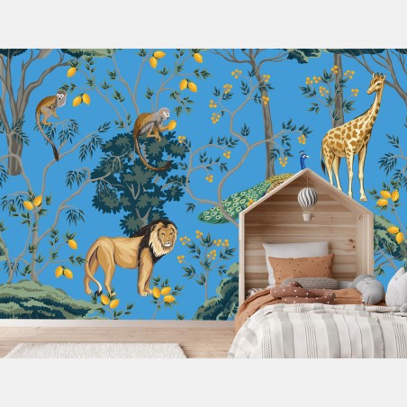 Wall mural exotic jungle animal pattern on blue • Wallissimo®
