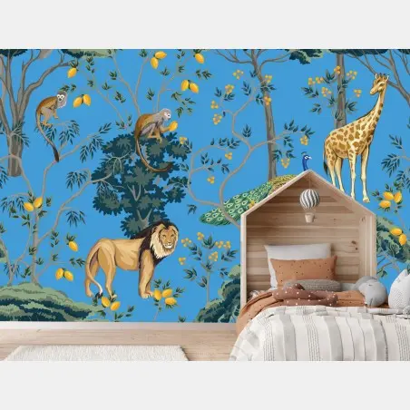 Wall mural exotic jungle animal pattern on blue • Wallissimo®