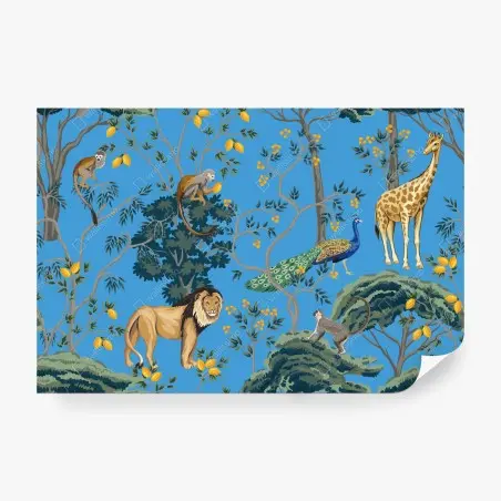 Wall mural exotic jungle animal pattern on blue • Wallissimo®