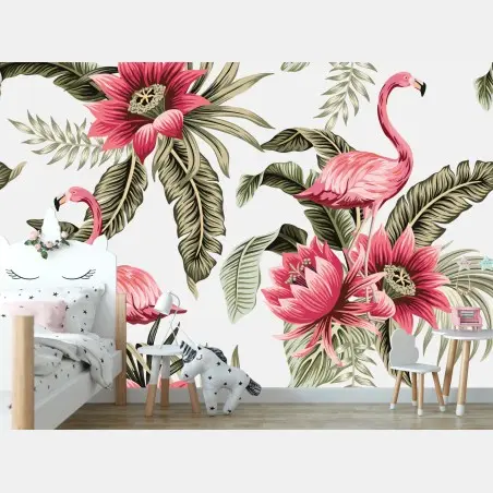Wall mural tropical pink flamingos and blooms • Wallissimo®