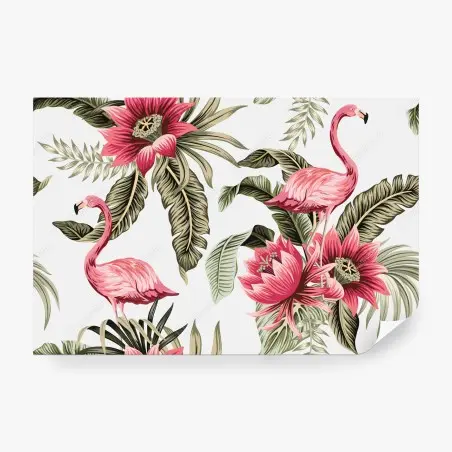 Wall mural tropical pink flamingos and blooms • Wallissimo®
