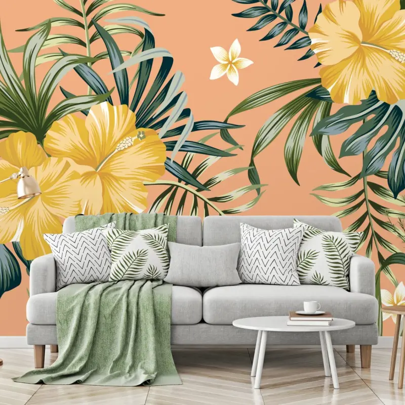 Wall mural tropical hibiscus floral pattern on peach background