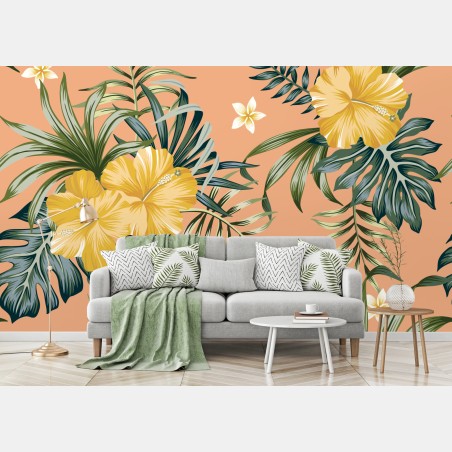 Wall mural tropical hibiscus floral pattern on peach background • Wallissimo®