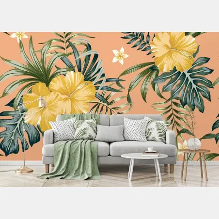 Wall mural tropical hibiscus floral pattern on peach background • Wallissimo®