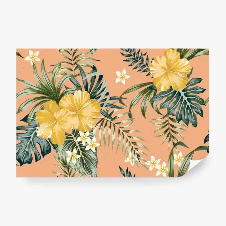 Wall mural tropical hibiscus floral pattern on peach background • Wallissimo®