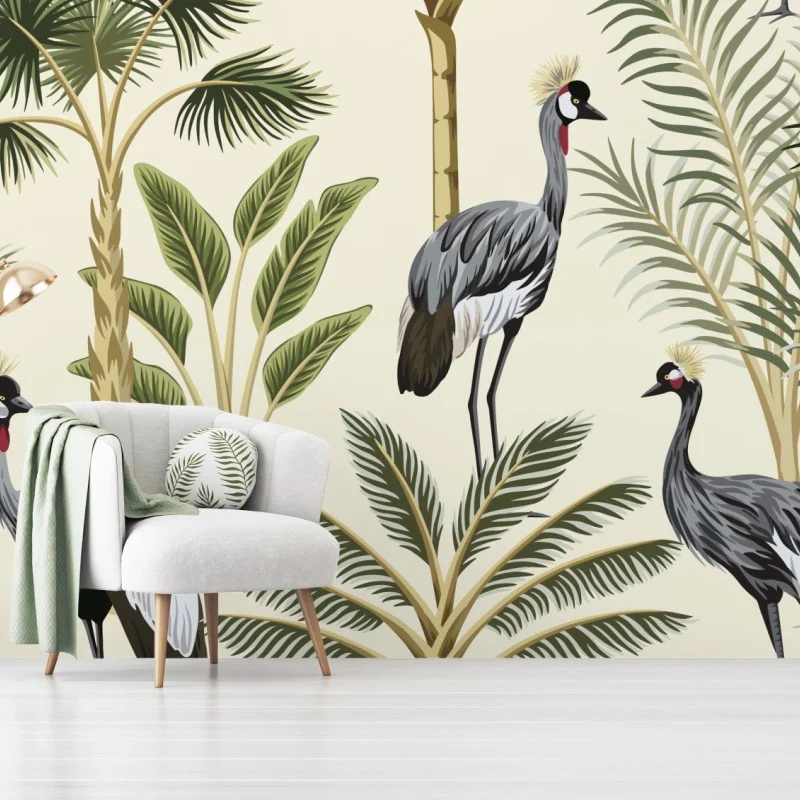 Wall mural tropical cranes and palms print