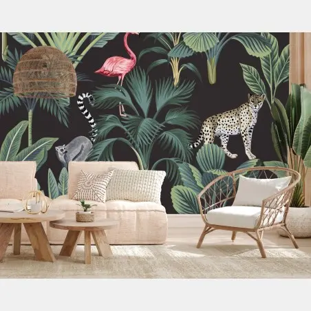 Wall mural tropical jungle wildlife illustration • Wallissimo®