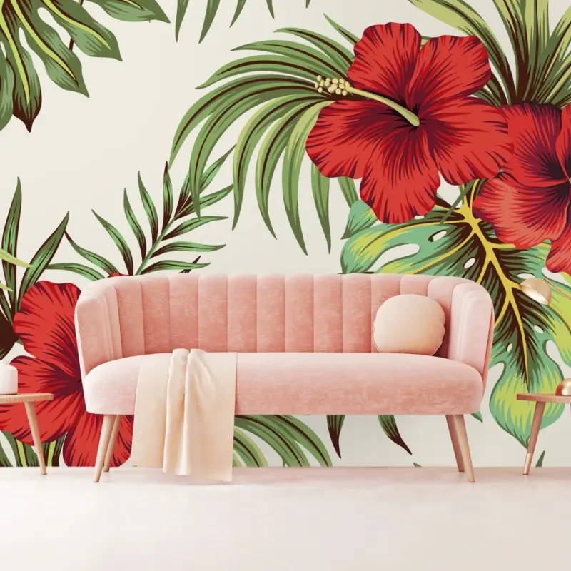 Wall mural vibrant hibiscus tropical print