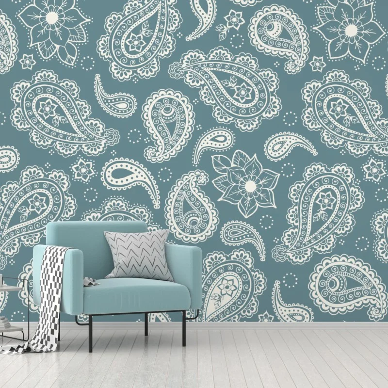 Wall mural teal paisley ornamental pattern