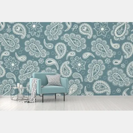 Wall mural teal paisley ornamental pattern • Wallissimo®