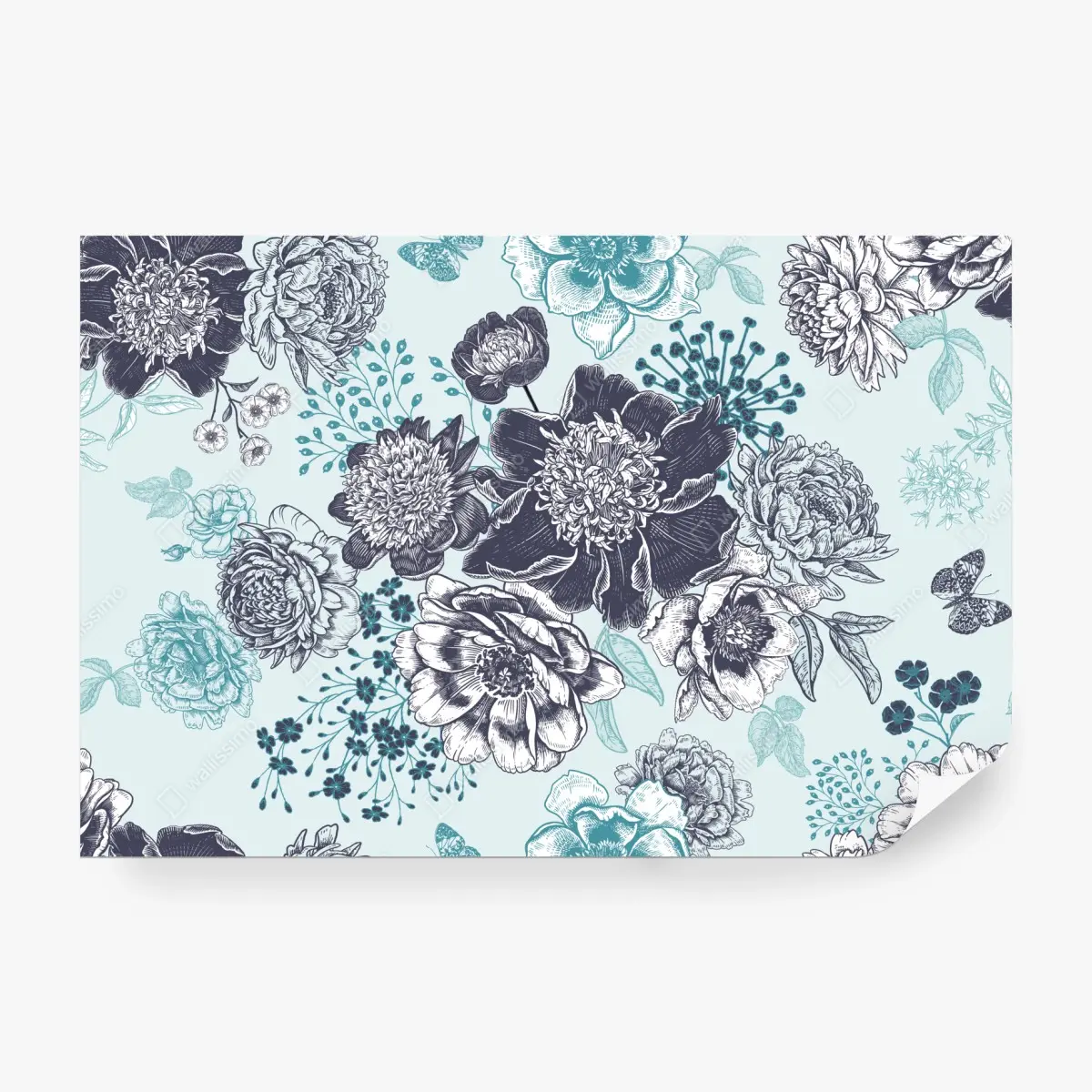 Wall mural vintage peony botanical pattern in teal and navy ⁕ Wallissimo®