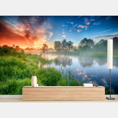Wall mural sunrise mist over riverbanks • Wallissimo®