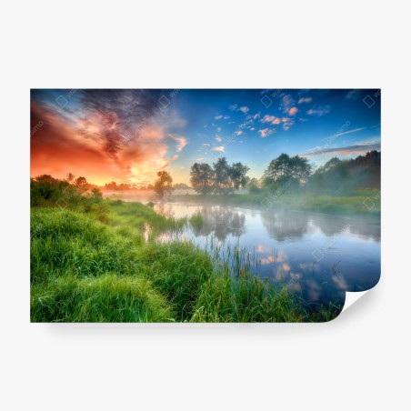 Wall mural sunrise mist over riverbanks • Wallissimo®