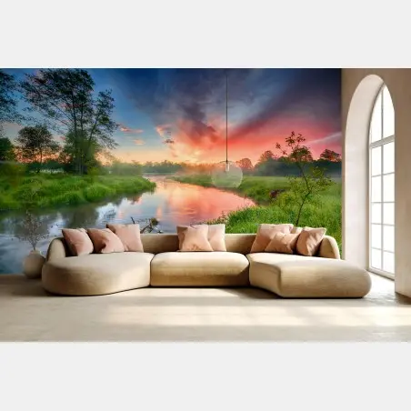 Wall mural sunrise over a misty riverbank • Wallissimo®