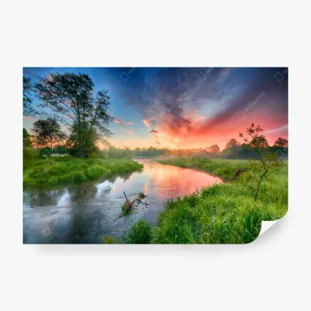 Wall mural sunrise over a misty riverbank • Wallissimo®