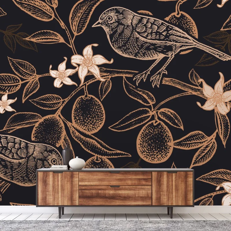 Wall mural vintage bird and citrus botanical pattern