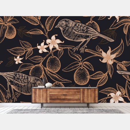 Wall mural vintage bird and citrus botanical pattern • Wallissimo®