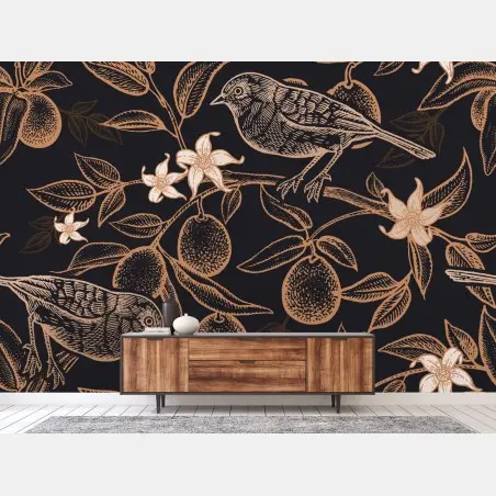 Wall mural vintage bird and citrus botanical pattern • Wallissimo®