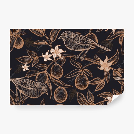 Wall mural vintage bird and citrus botanical pattern • Wallissimo®
