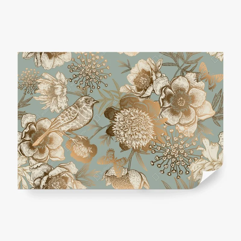 Wall mural vintage botanical floral print with bird