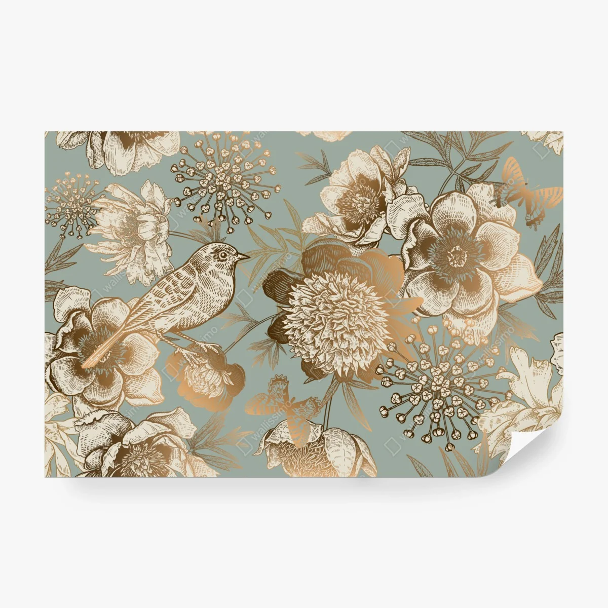 Wall mural vintage botanical floral print with bird ⁕ Wallissimo®