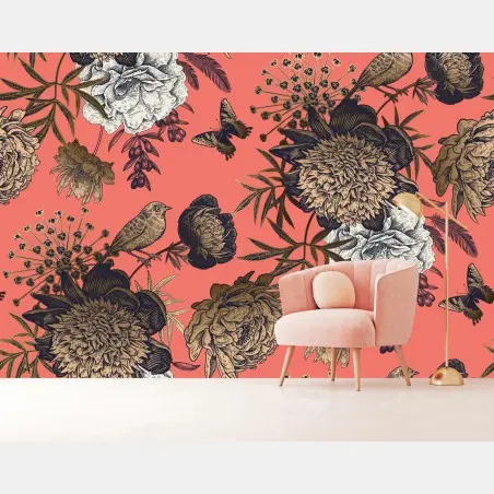 Wall mural vintage floral bird pattern on coral background • Wallissimo®