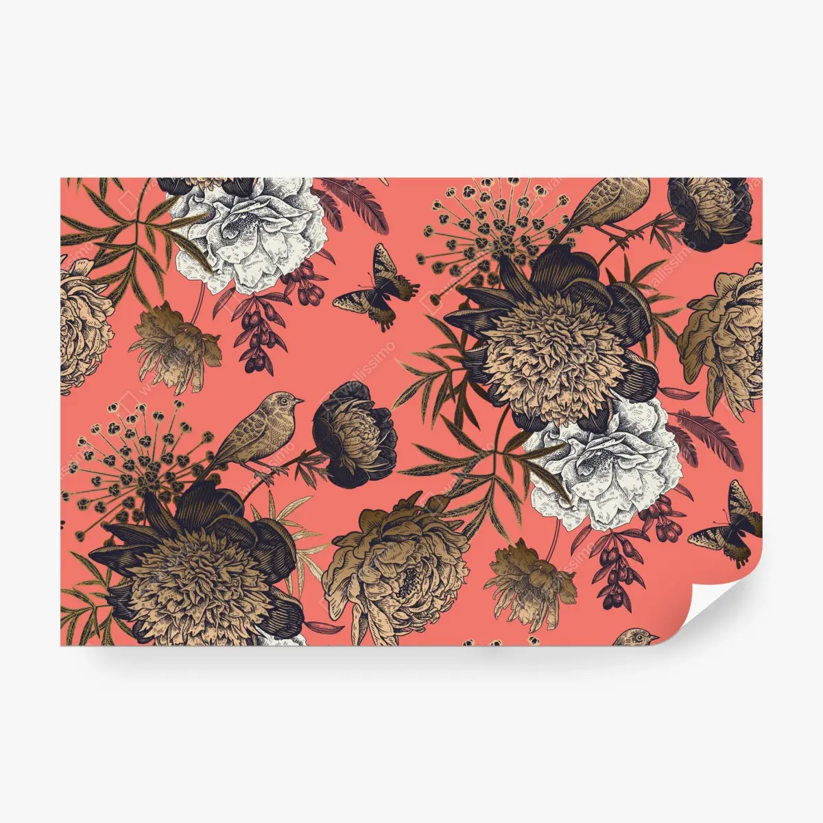 Wall mural vintage floral bird pattern on coral background ⁕ Wallissimo® Wall mural vintage floral bird pattern on coral background ⁕ Wallissimo®