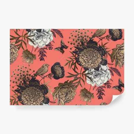 Wall mural vintage floral bird pattern on coral background • Wallissimo®