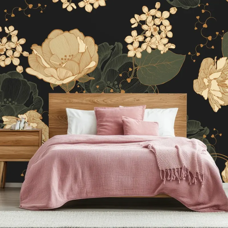 Wall mural golden peonies on dark botanical background
