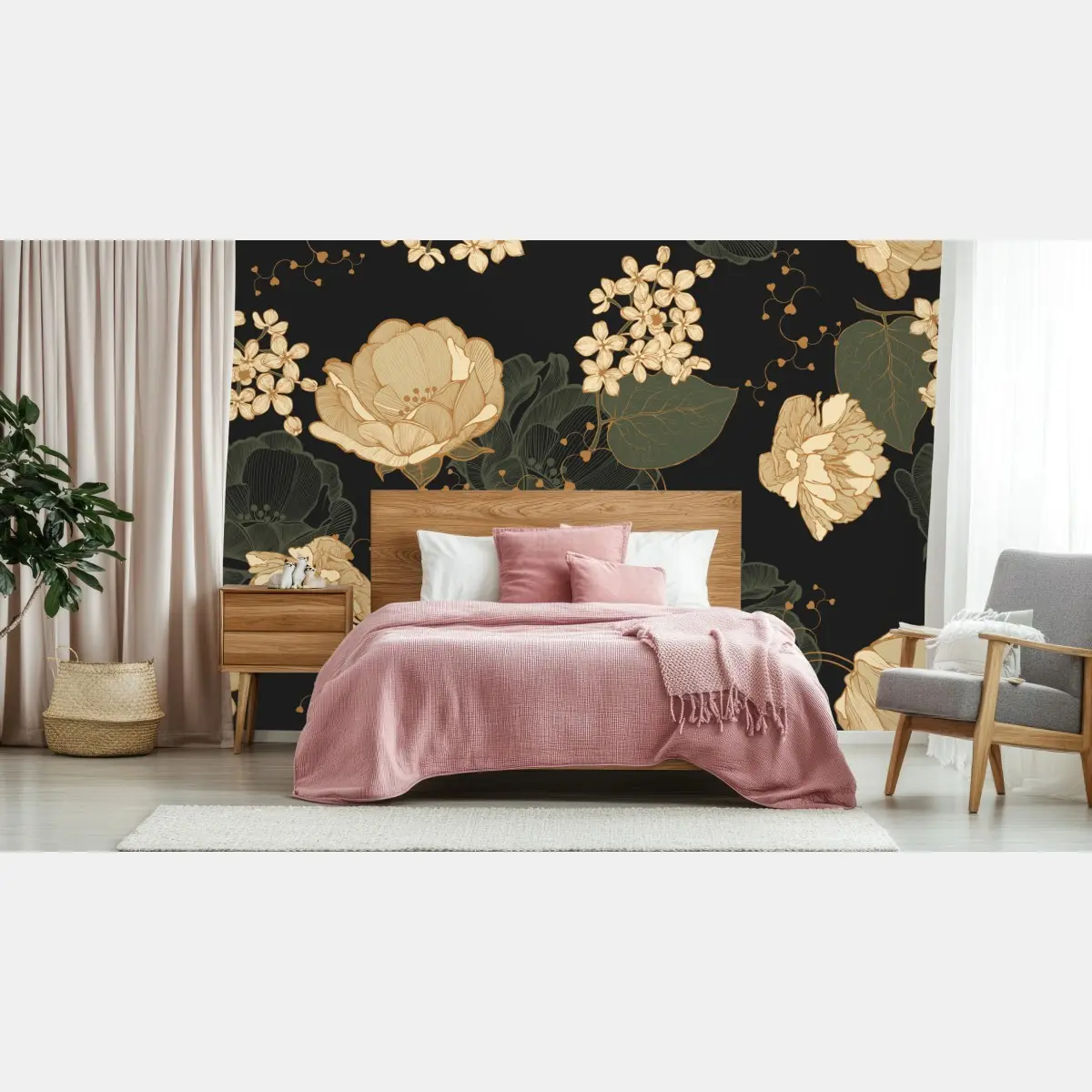 Wall mural golden peonies on dark botanical background • Wallissimo®