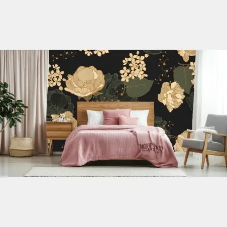 Wall mural golden peonies on dark botanical background • Wallissimo®