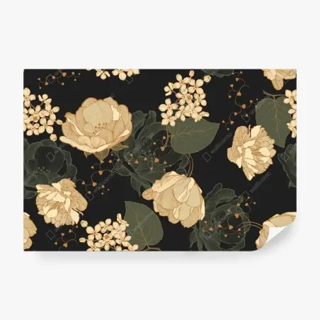 Wall mural golden peonies on dark botanical background • Wallissimo®