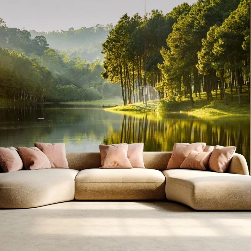 Wall mural serene pine forest by a tranquil lake