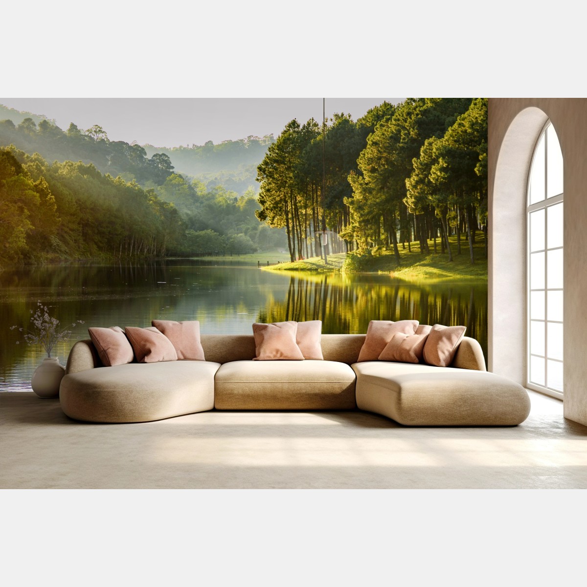 Wall mural serene pine forest by a tranquil lake • Wallissimo®