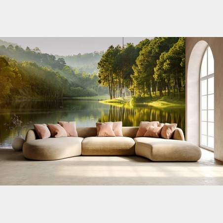 Wall mural serene pine forest by a tranquil lake • Wallissimo®