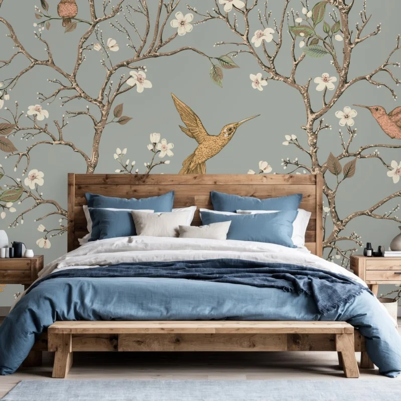 Wall mural vintage hummingbird blossom pattern