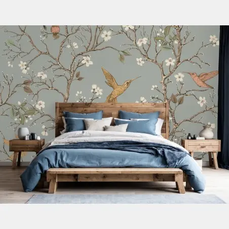 Wall mural vintage hummingbird blossom pattern • Wallissimo®
