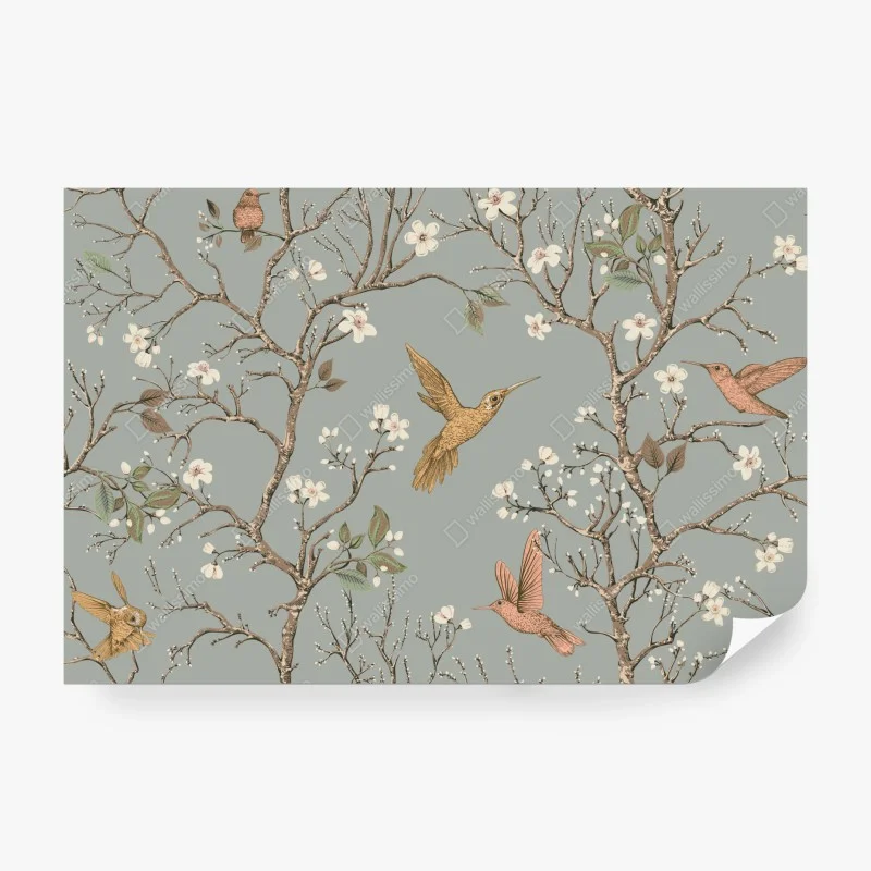 Wall mural vintage hummingbird blossom pattern