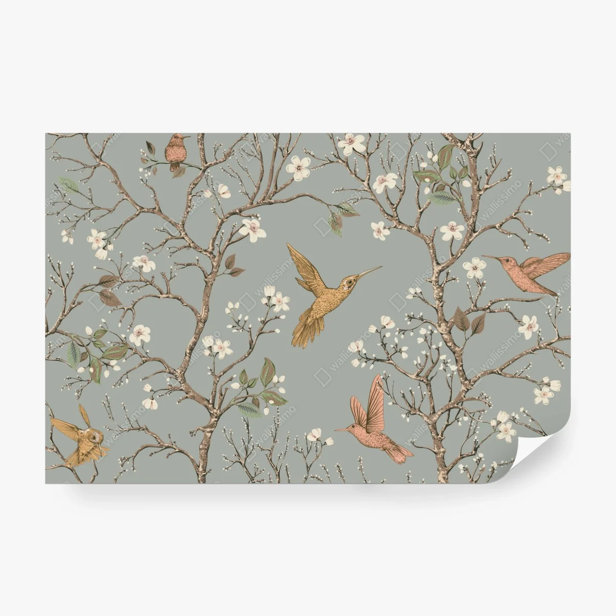 Wall mural vintage hummingbird blossom pattern ⁕ Wallissimo® Wall mural vintage hummingbird blossom pattern ⁕ Wallissimo®