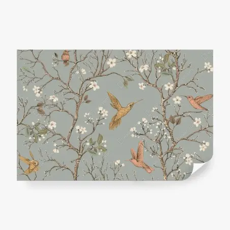 Wall mural vintage hummingbird blossom pattern • Wallissimo®