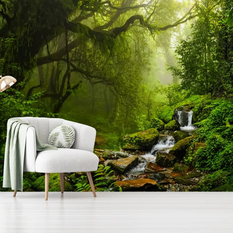 Wall mural lush misty forest waterfall