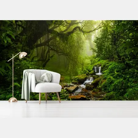 Wall mural lush misty forest waterfall • Wallissimo®