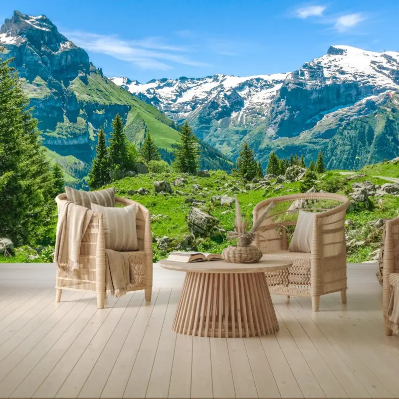 Wall mural sunlit alpine meadow in Engelberg • Wallissimo®