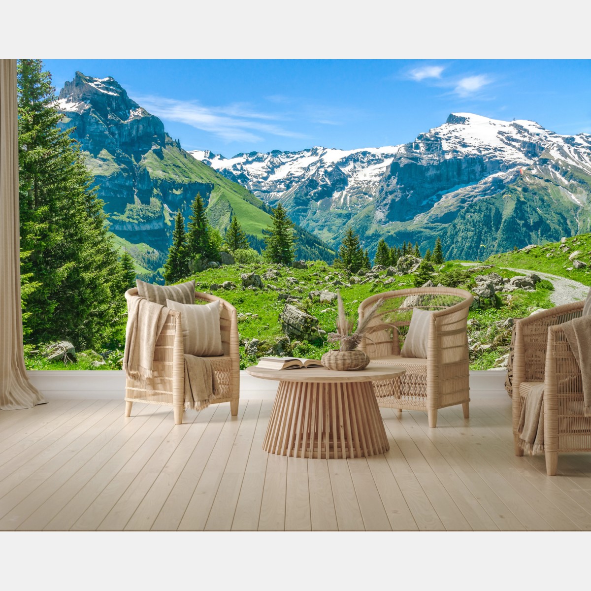 Wall mural sunlit alpine meadow in Engelberg • Wallissimo®