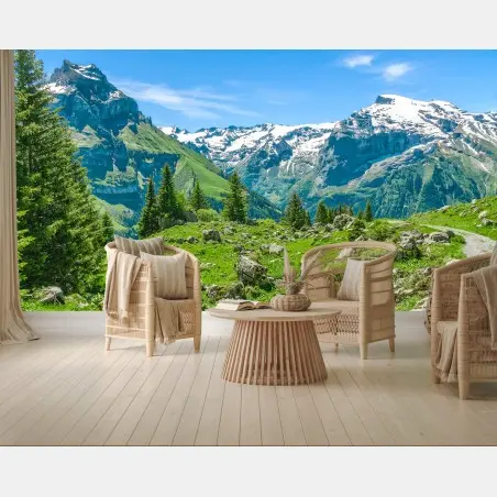 Wall mural sunlit alpine meadow in Engelberg • Wallissimo®